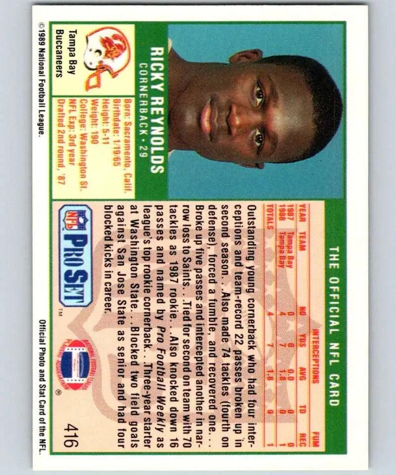 Vintage NFL Pro Set 1989 Ricky Reynolds Tampa Bay Buccaneers Football Card NM-MT