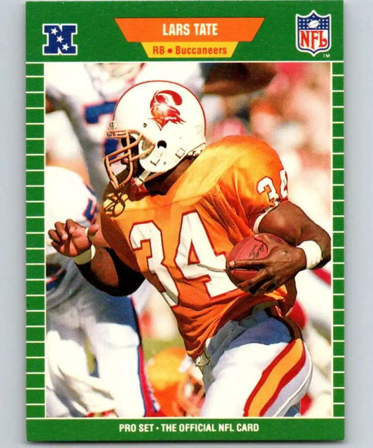 Tampa Bay Buccaneers football card of Lars Tate wearing number 34 in orange jersey