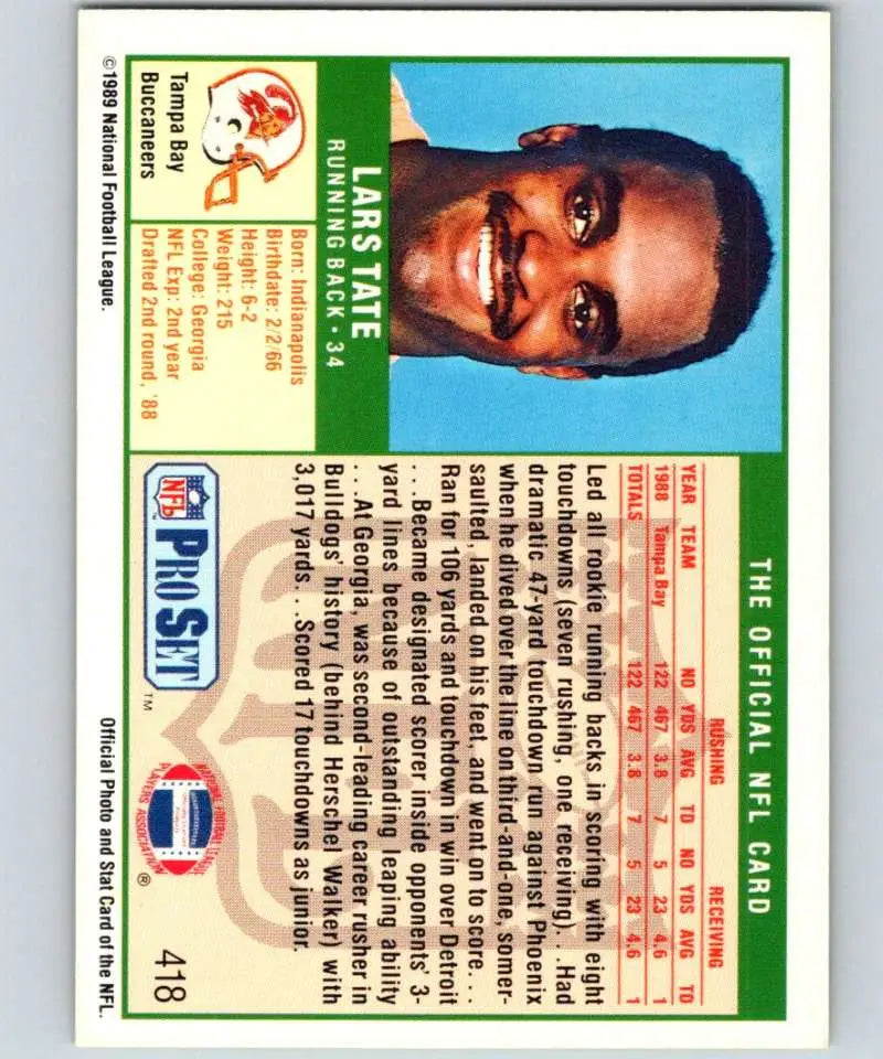 Vintage 1989 Pro Set #418 Lars Tate Tampa Bay Buccaneers Football Card with green border
