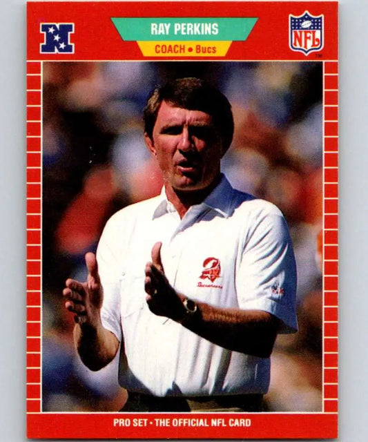 NFL trading card featuring Ray Perkins in a white polo for Tampa Bay Buccaneers
