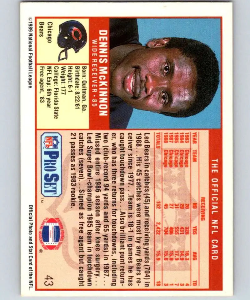 Vintage 1989 Pro Set #43 Dennis McKinnon Chicago Bears football card in NM-MT condition