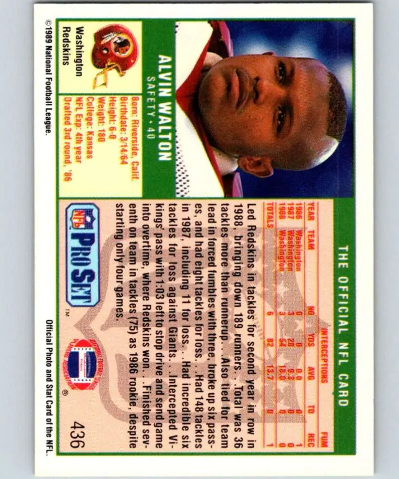 1989 Pro Set Alvin Walton rookie football card for Washington Redskins in NM-MT condition