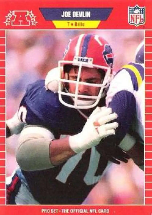 NFL trading card of Joe Devlin blocking in navy blue for the Buffalo Bills Pro Set