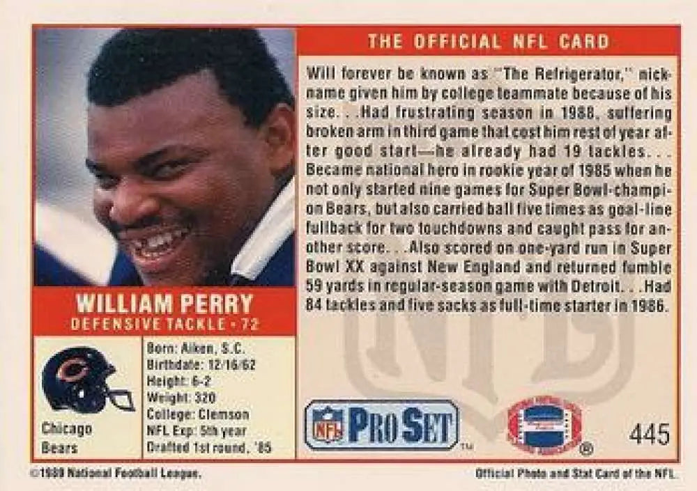 NFL trading card of William Perry in a Chicago Bears white jersey on red background