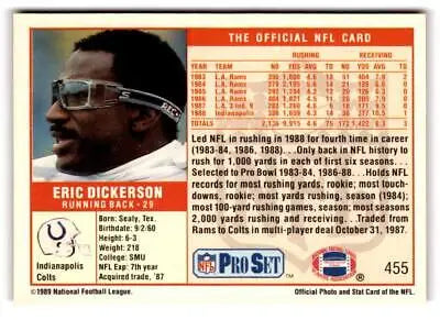 Eric Dickerson 1989 Pro Set #455 trading card featuring NFL star Eric Dickerson