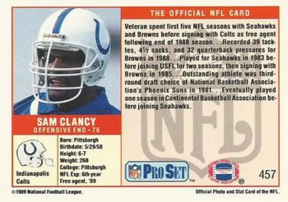 NFL Pro Set trading card featuring Sam Clancy, Indianapolis Colts rookie statistics