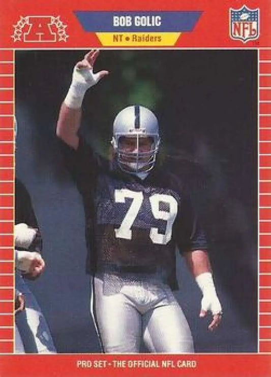 NFL trading card of Bob Golic in classic Los Angeles Raiders silver and black uniform