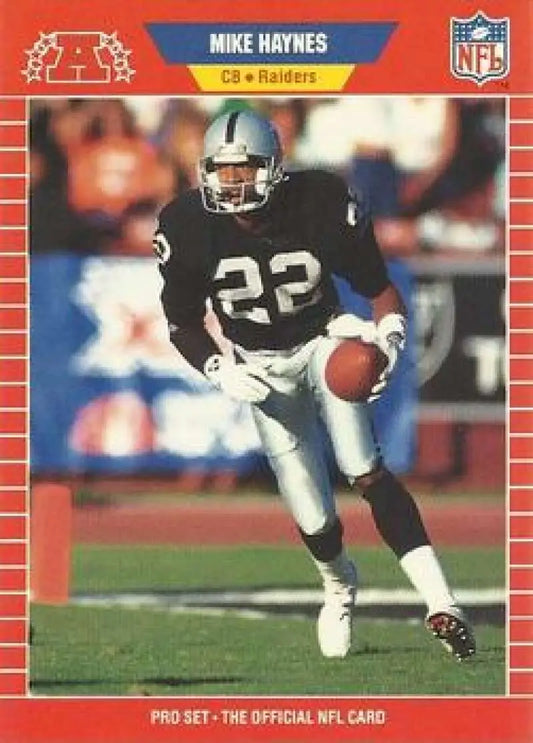 Red-bordered NFL trading card of Mike Haynes, Pro Set Los Angeles Raiders football card