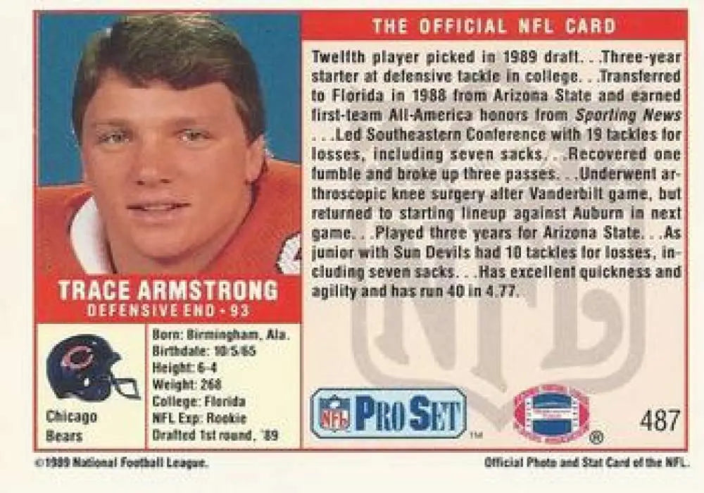 1989 Pro Set Trace Armstrong rookie card featuring Chicago Bears defensive end