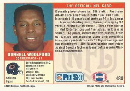 NFL trading card showing Donnell Woolford from 1989 Pro Set for Chicago Bears