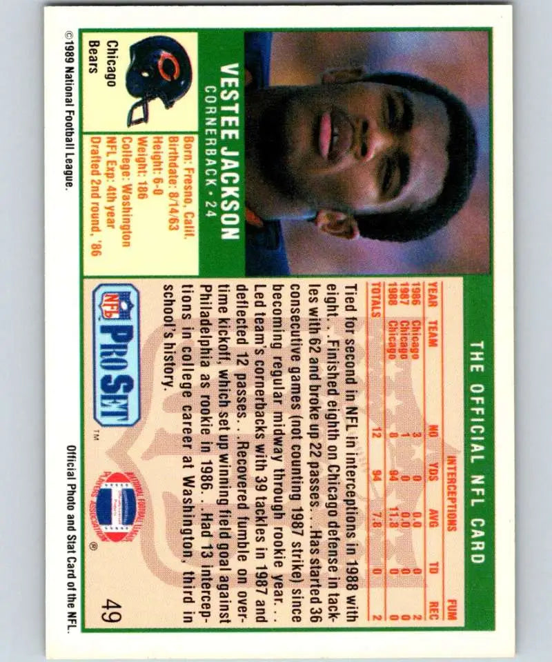 Vintage 1989 Pro Set Vestee Jackson Chicago Bears Football Card NM-MT Rookie Edition