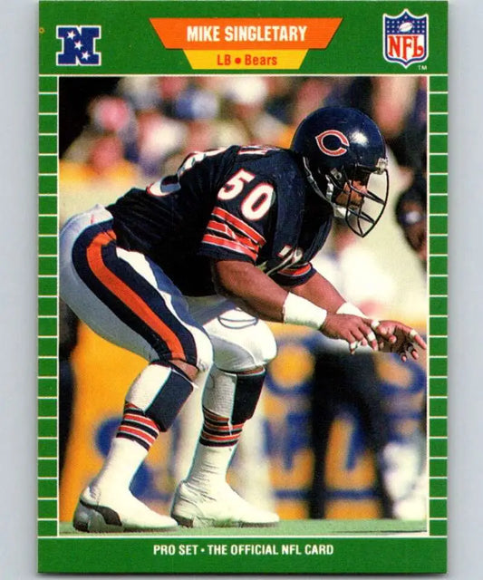 Chicago Bears Mike Singletary in navy jersey, Pro Set card number 50 in defensive stance