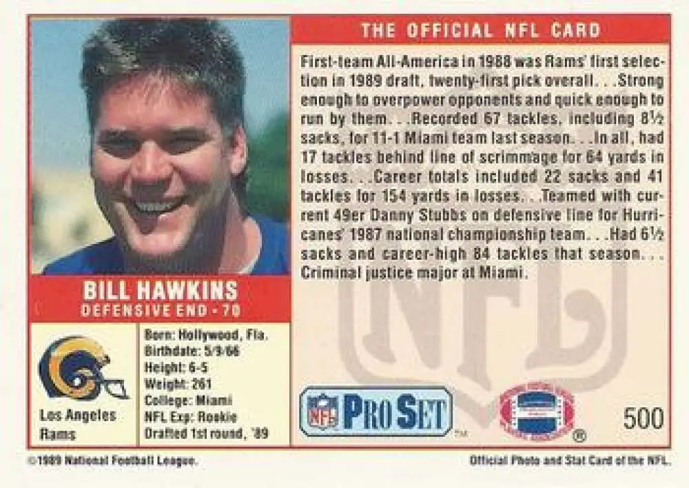 Vintage NFL trading card of Los Angeles Rams player Bill Hawkins from Pro Set collection