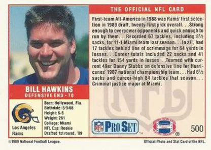 Vintage NFL trading card of Los Angeles Rams player Bill Hawkins from Pro Set collection