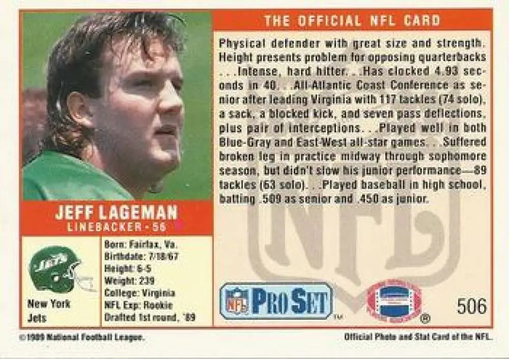 NFL trading card featuring Jeff Lageman, New York Jets linebacker from Pro Set collection