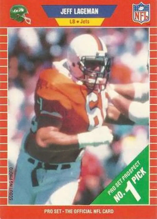 NFL trading card of Jeff Lageman in orange jersey for New York Jets football card