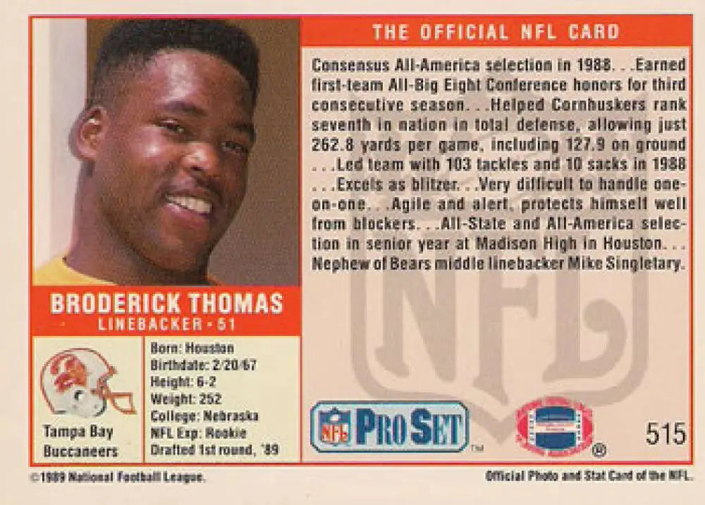 NFL Pro Set trading card featuring Broderick Thomas of the Tampa Bay Buccaneers
