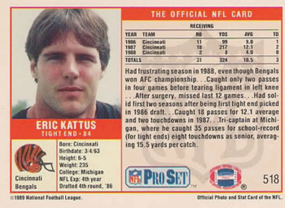 NFL Pro Set trading card of Eric Kattus, Cincinnati Bengals player from the late 1980s