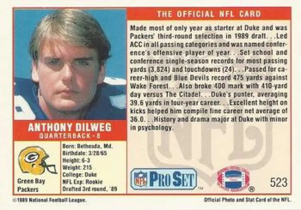 NFL trading card of Green Bay Packers player Anthony Dilweg from Pro Set collection