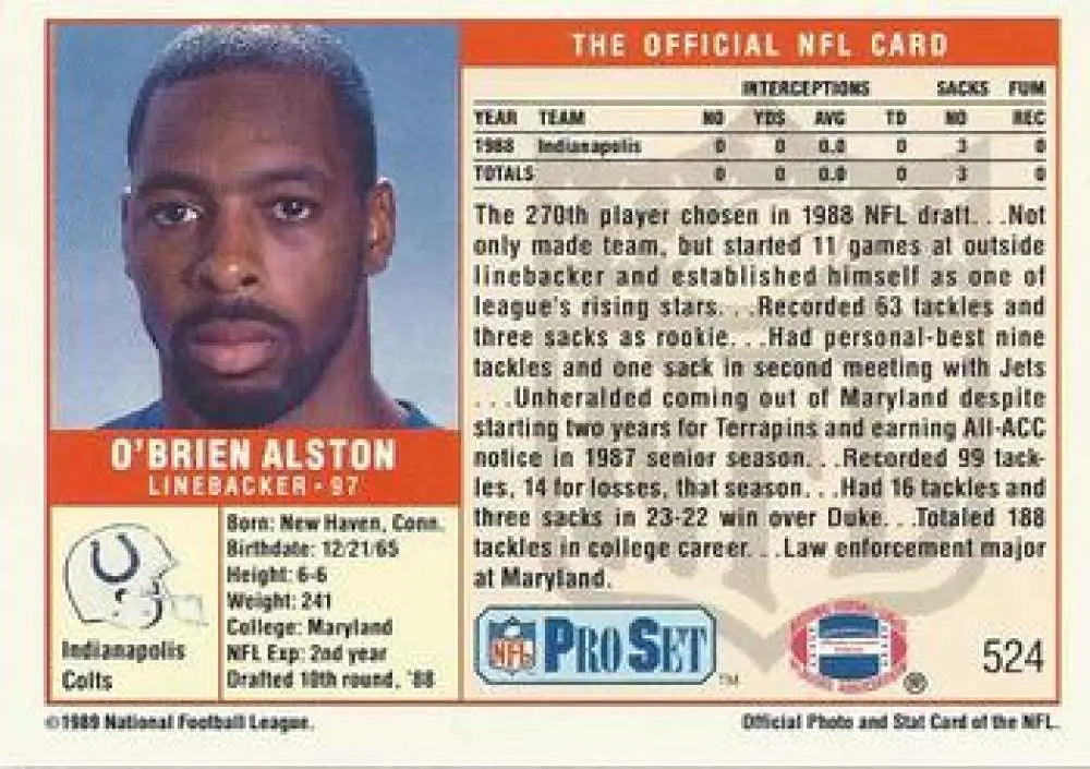 NFL Pro Set 1990 Football Card featuring Rookie Indianapolis Colts Linebacker O’Brien Alston