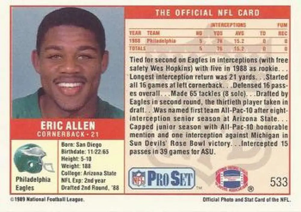 NFL trading card of Eric Allen from the Pro Set collection for the Philadelphia Eagles