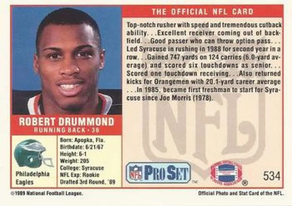 NFL Pro Set trading card of Robert Drummond from the Philadelphia Eagles in 1990
