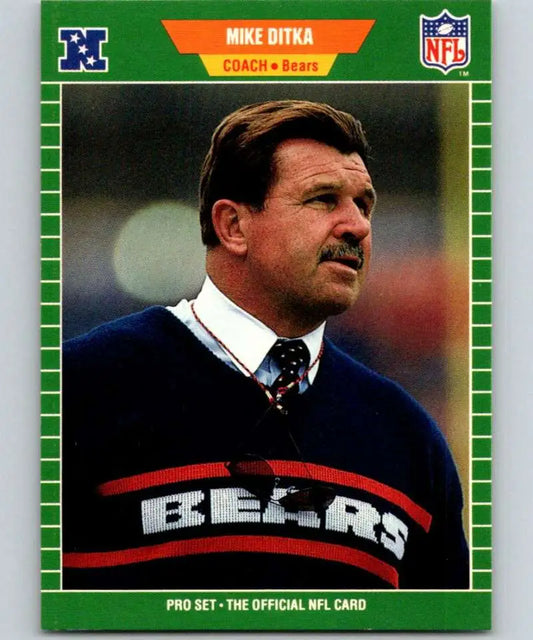 Vintage NFL trading card of Mike Ditka in a navy sweater representing Chicago Bears