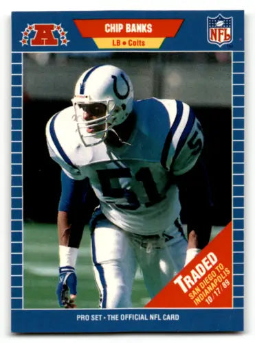 Chip Banks football card from 1989 Pro Set with original gloss, Colts team display