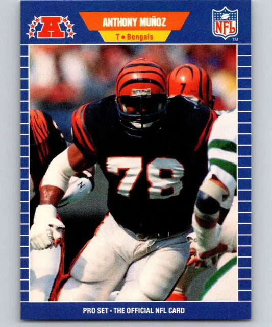 NFL trading card of Anthony Munoz in Cincinnati Bengals uniform and striped helmet