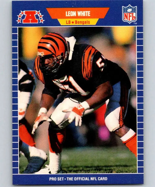 Cincinnati Bengals football card featuring player action from 1989 Pro Set #69 Leon White