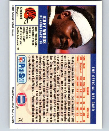 Ickey Woods rookie Cincinnati Bengals football card from 1989 Pro Set with white headband