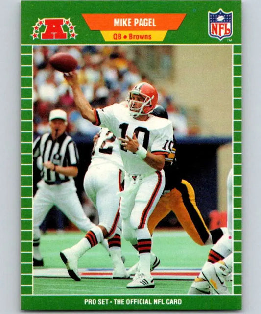 NFL trading card of Mike Pagel in white uniform for Cleveland Browns Pro Set