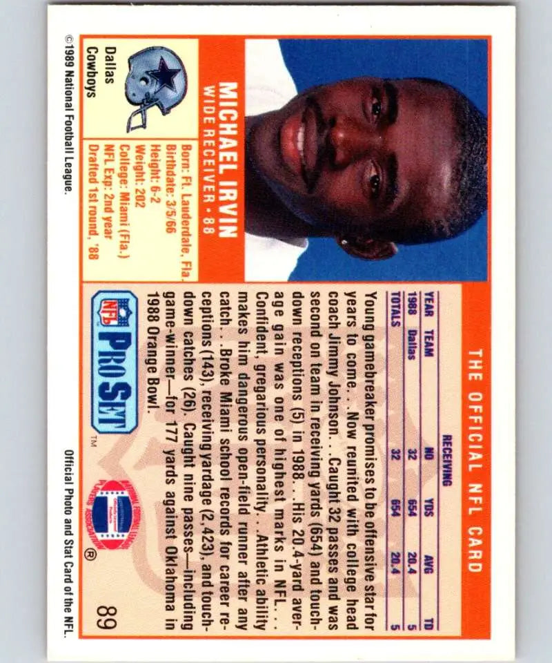 1989 Pro Set #89 Michael Irvin NM-MT RC Rookie Dallas Cowboys Football Card
