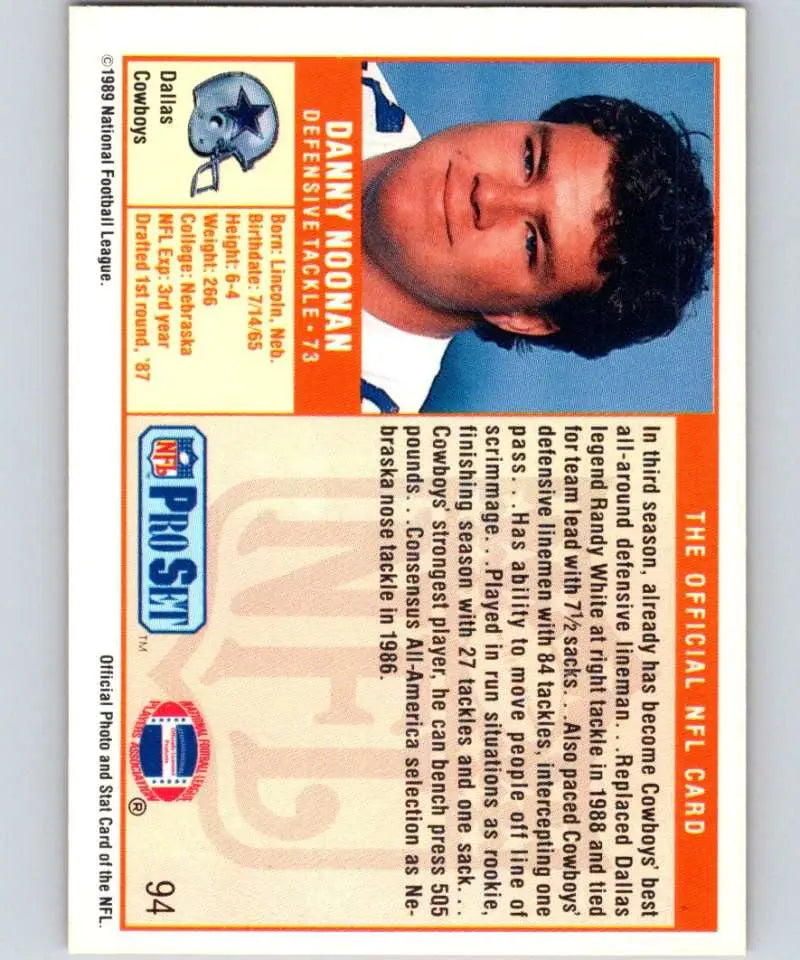 Vintage NFL Pro Set Rookie Card featuring Danny Noonan and the Dallas Cowboys