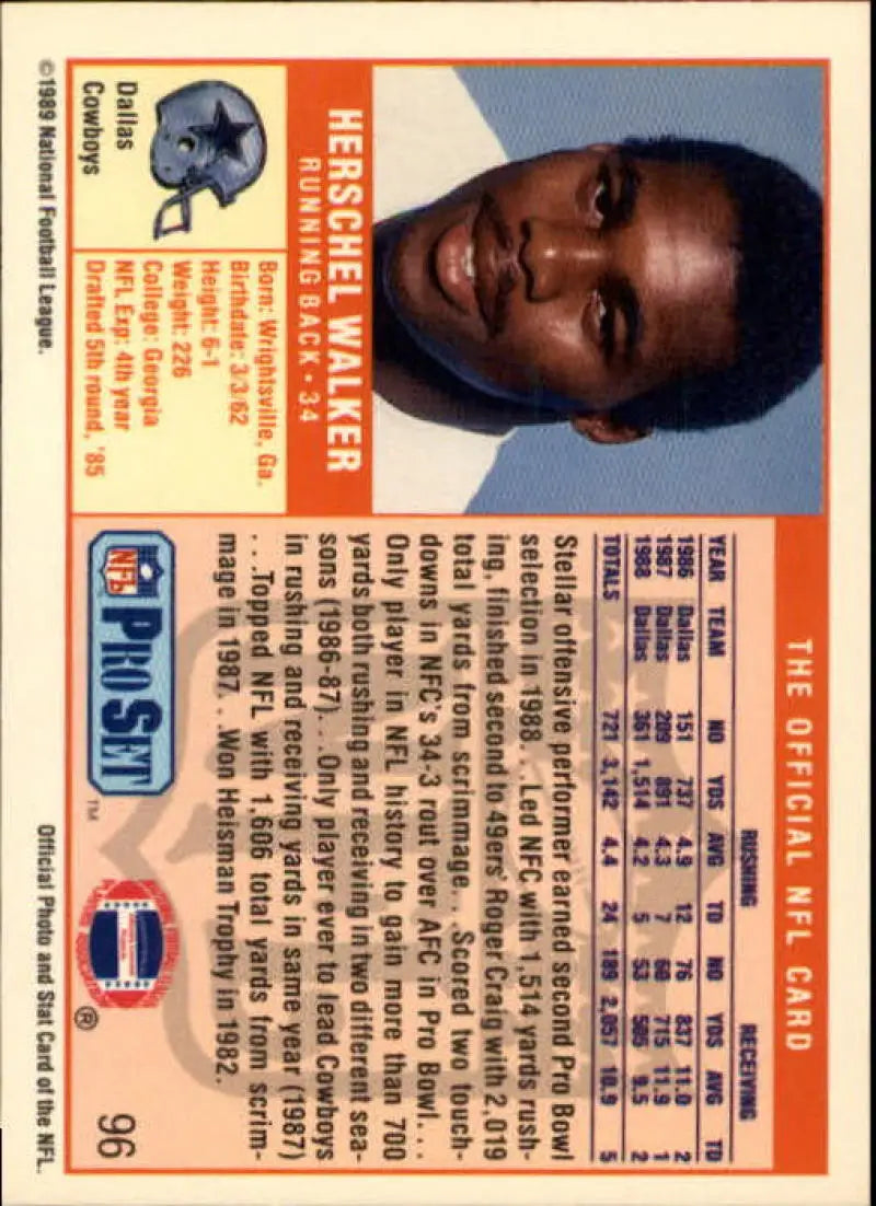 Vintage 1989 Pro Set Herschel Walker Dallas Cowboys Football Card in NM-MT condition
