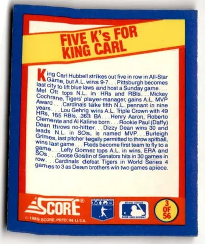 Original gloss of 1989 Score A Year to Remember Magic Motion Carl Hubbell baseball card back