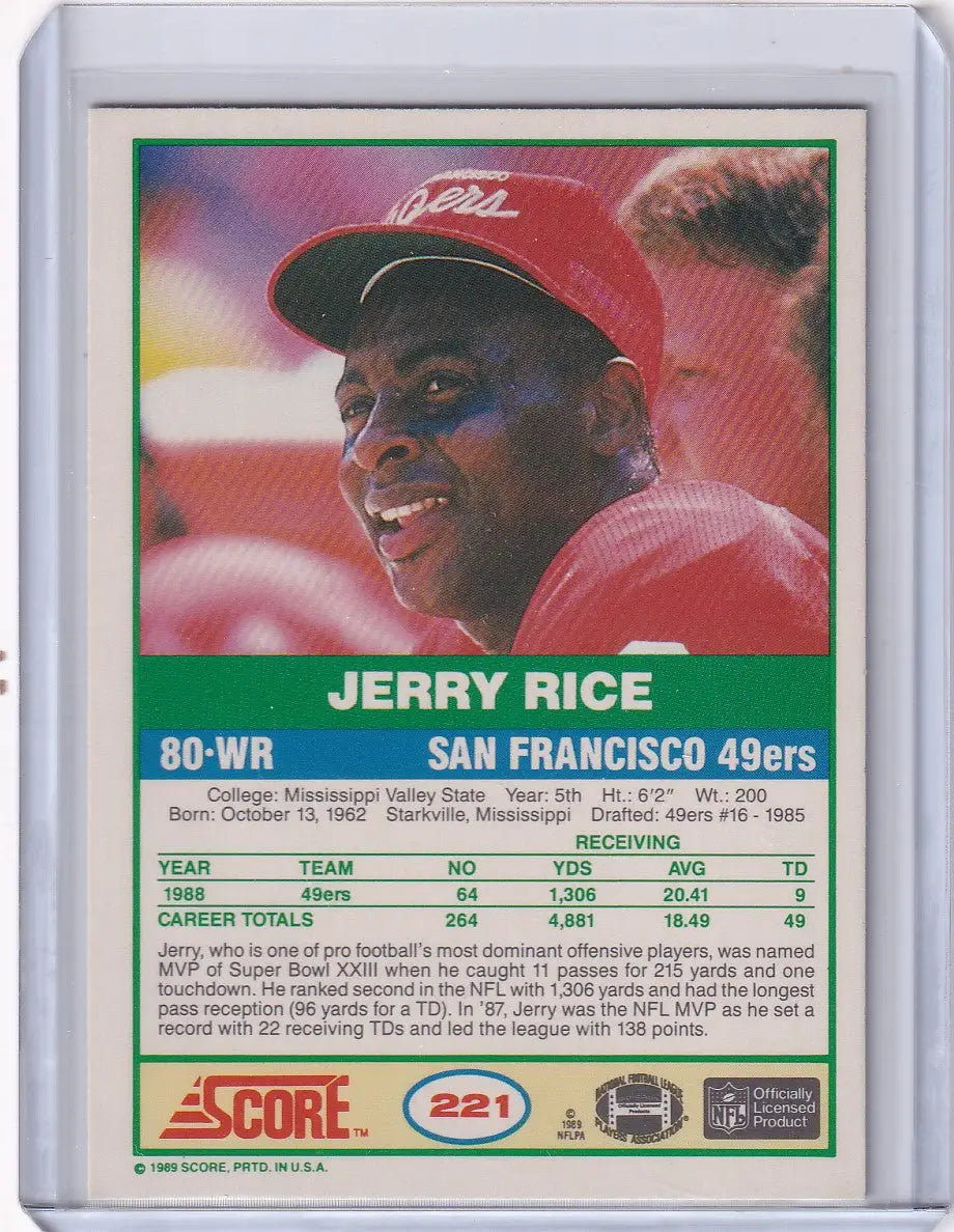 Jerry Rice 1989 Score Football card featuring San Francisco 49ers star player