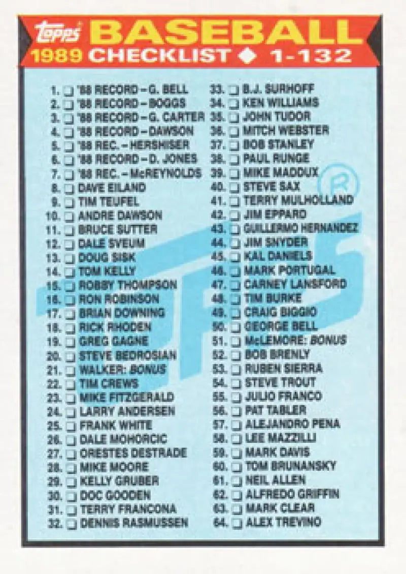 1989 Topps Baseball checklist card 1-132 NM-MT showcasing player names and numbers