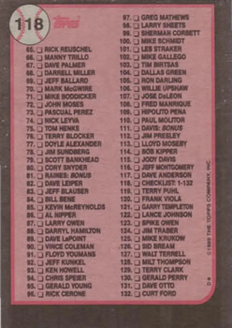 Checklist 1-132 NM-MT baseball card in pink tones featuring player names from 1989 Topps