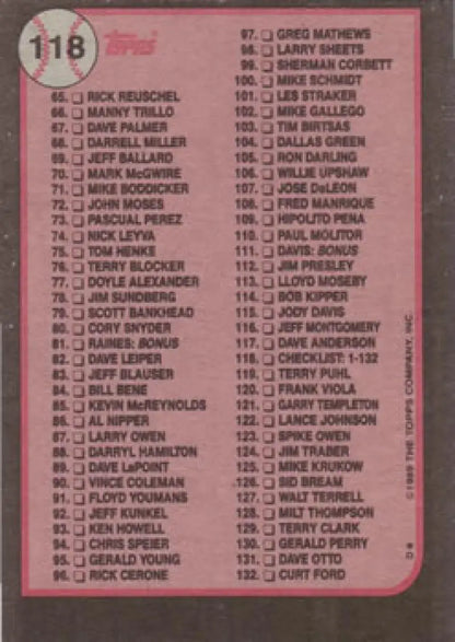 Checklist 1-132 NM-MT baseball card in pink tones featuring player names from 1989 Topps