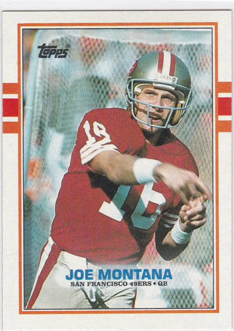 Joe Montana football card from 1989 Topps featuring San Francisco 49ers legend