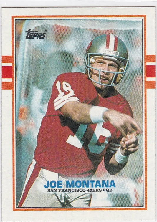 Joe Montana football card from 1989 Topps featuring San Francisco 49ers legend