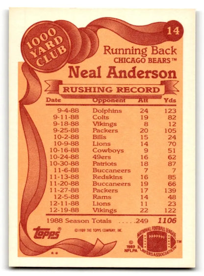 1989 Topps #14 Neal Anderson 1000 Yard Club - Trading Card