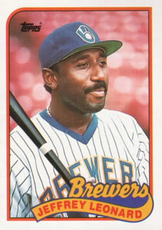 1989 Topps baseball card of Jeffrey Leonard in Milwaukee Brewers pinstriped uniform