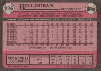 1989 Topps #226 Bill Doran NM-MT Houston Astros Baseball Card on pink background