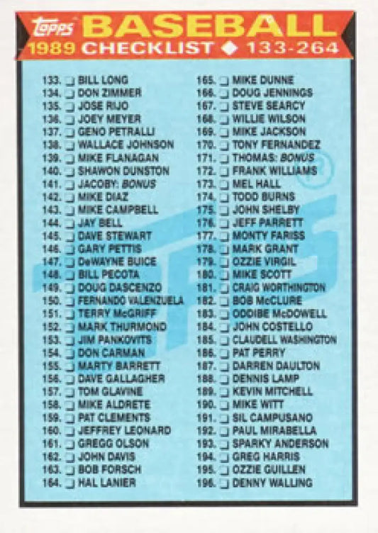 1989 Topps Baseball card featuring checklist 133-264 nm-mt with player names