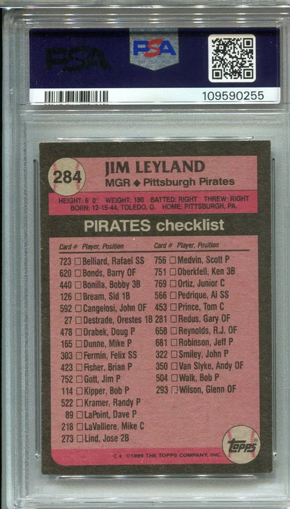 PSA-graded 1986 Topps Jim Leyland Pittsburgh Pirates baseball card with checklist and auto