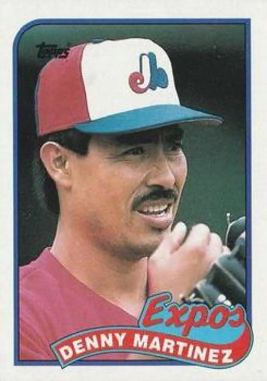 Baseball card of Dennis Martinez with Montreal Expos cap in red and blue