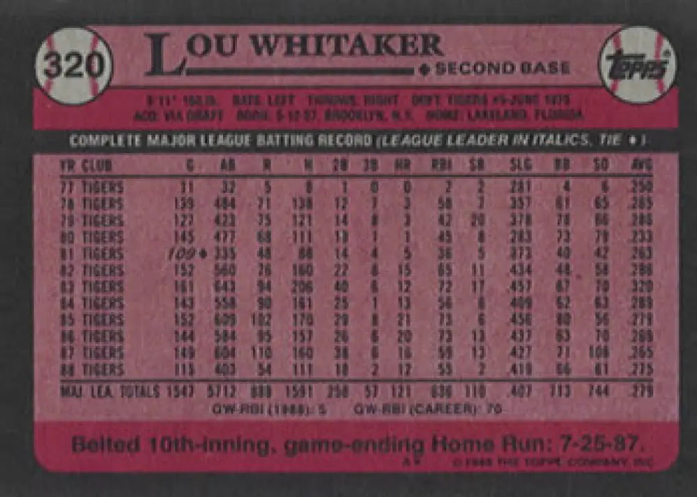 1989 Topps #320 Lou Whitaker NM-MT Detroit Tigers Baseball Card - Baseball Card