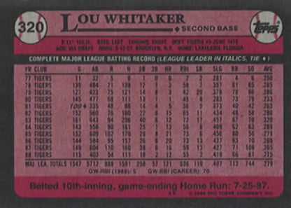 1989 Topps #320 Lou Whitaker NM-MT Detroit Tigers Baseball Card - Baseball Card